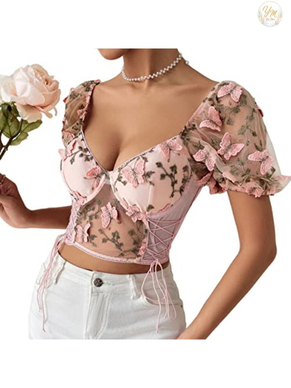 Floral Embroidered Puff Sleeve Corset Crop Top Bustier Tank